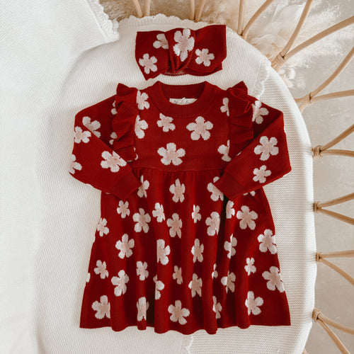 Red Posy Long Sleeve Knit Dress, Topknot & Socks Bundle