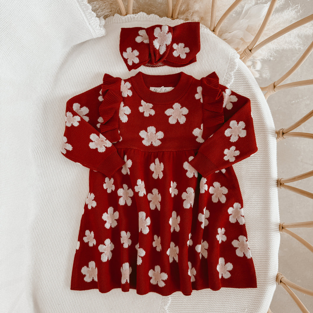 Red Posy Long Sleeve Knit Dress, Topknot & Socks Bundle