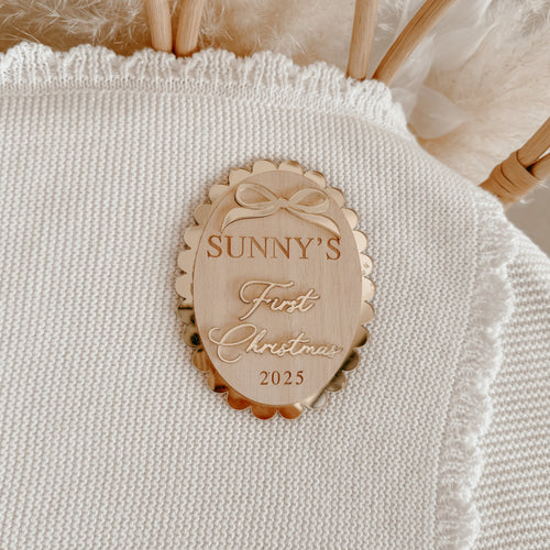 'My First Christmas 2025' Oval Acrylic Bow Plaque - Personalised - PRE ORDER - Est. Dispatch End of September