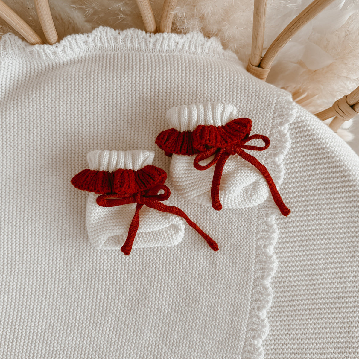 Red and White Knit Booties - Frill