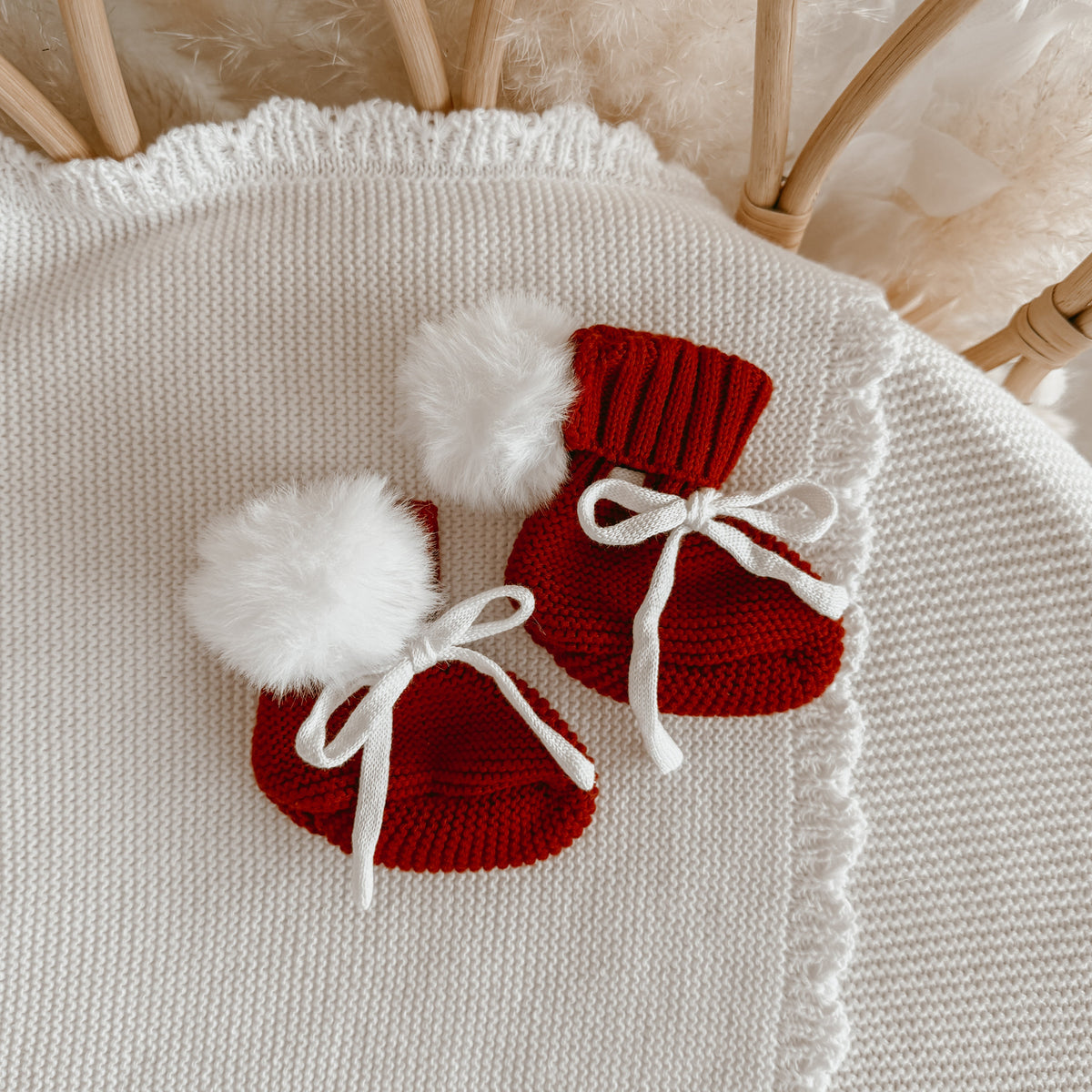 Red Knit Booties - Pom Poms