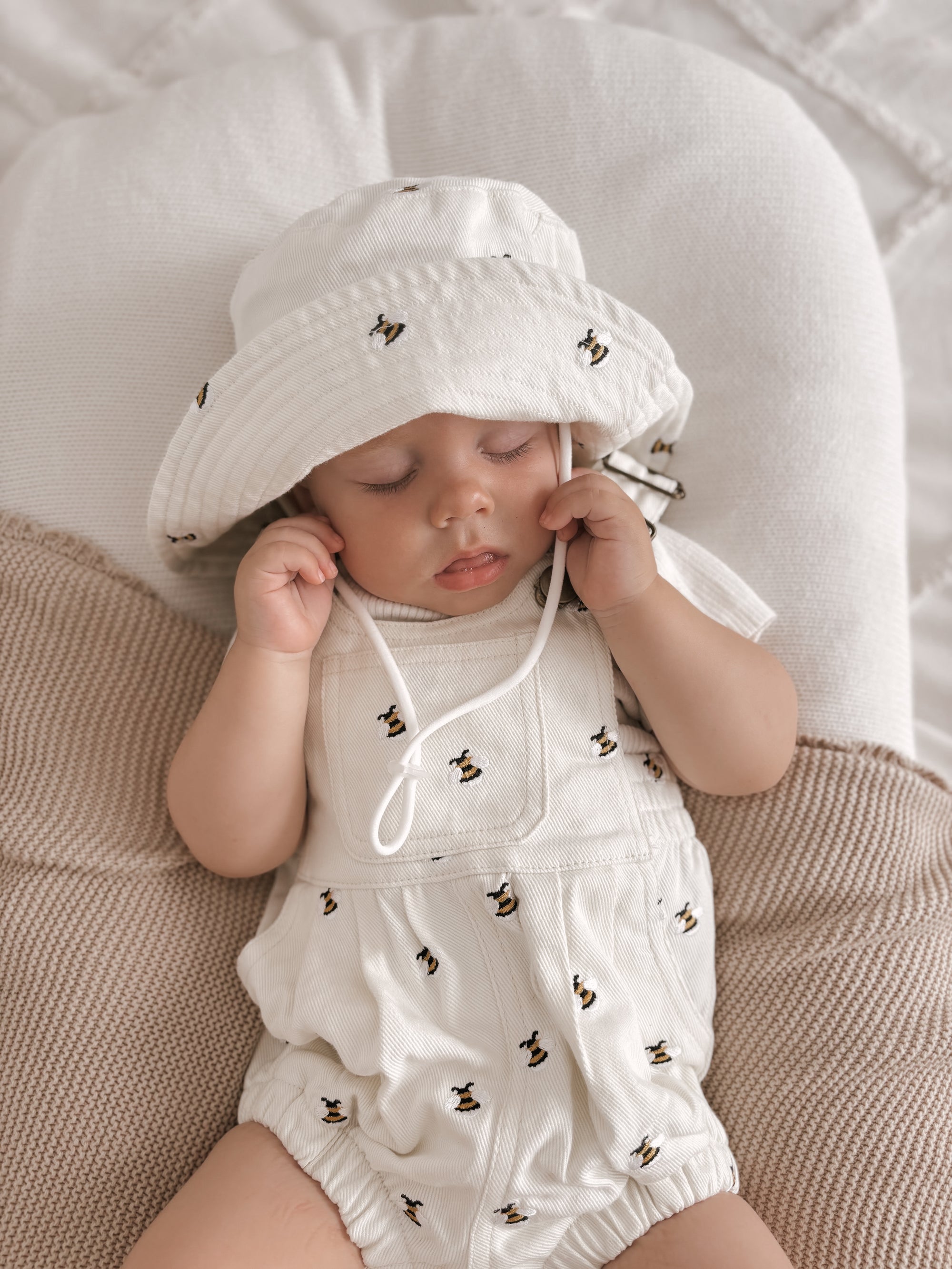 Denim Bee Overall Romper - Cream