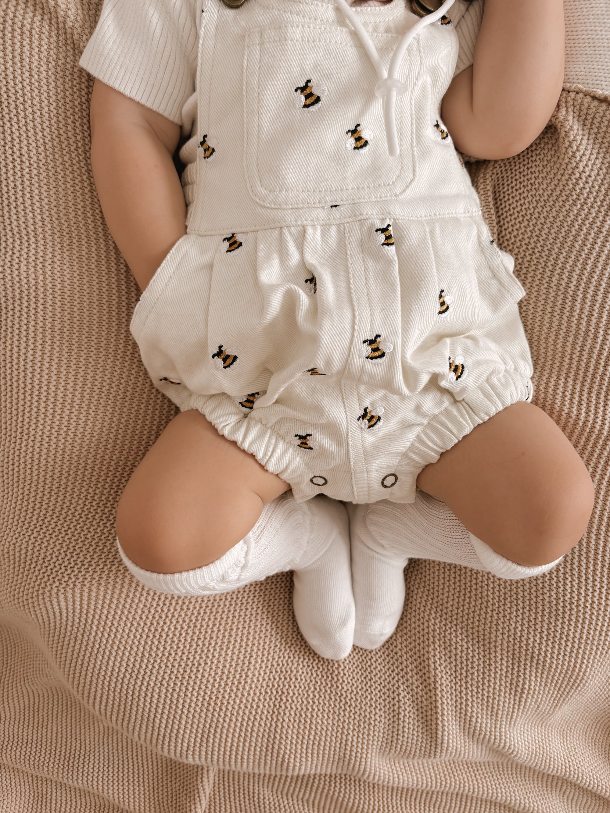 Denim Bee Overall Romper - Cream