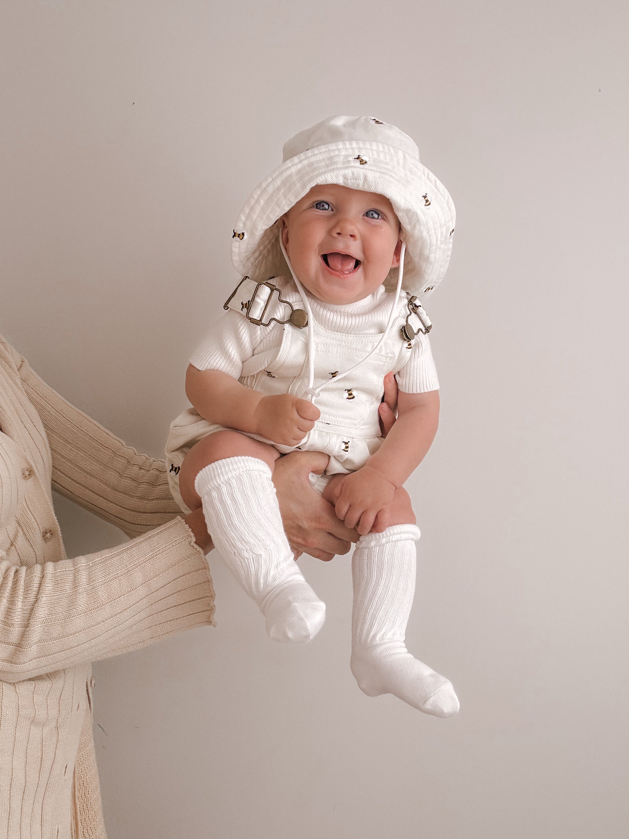 Denim Bee Overall Romper - Cream