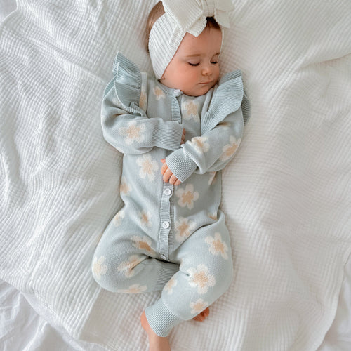 Blue Daisy Long Sleeve Knit Romper - PRE ORDER EST DISPATCH MID-LATE MAY