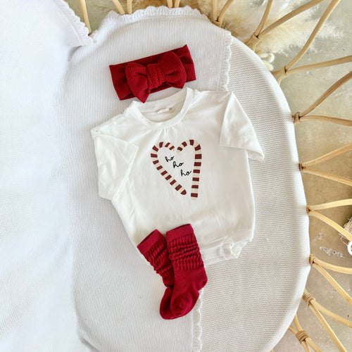 'Ho Ho Ho' Slouch Romper, Topknot & Socks Bundle - Red - PRE ORDER - Est. Dispatch October