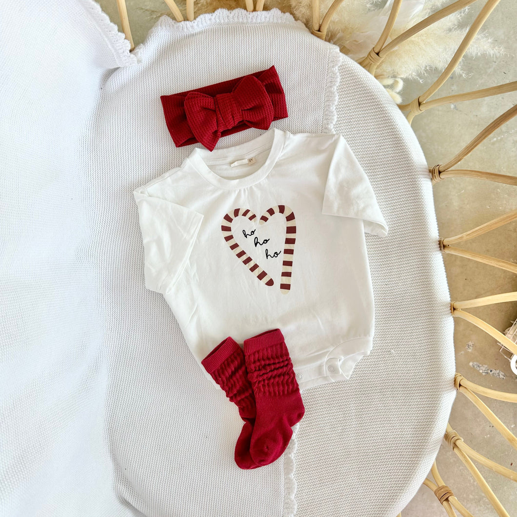 'Ho Ho Ho' Slouch Romper, Topknot & Socks Bundle - Red - PRE ORDER - Est. Dispatch October