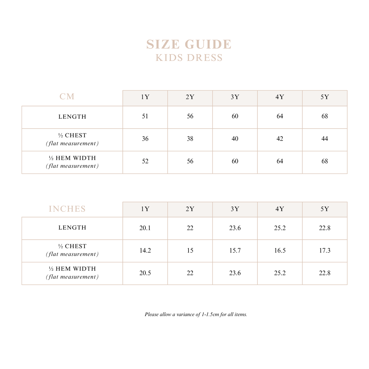 Kids Dress size guide with length, half chest and half hem width measurements in cm and inches from 1Y to 5Y