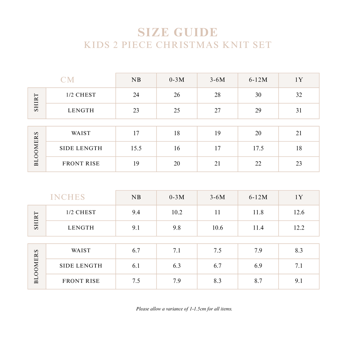Kids 2 Piece Christmas Knit Set size guide with shirt and bloomer measurements in centimetres and inches for sizes NB to 1Y