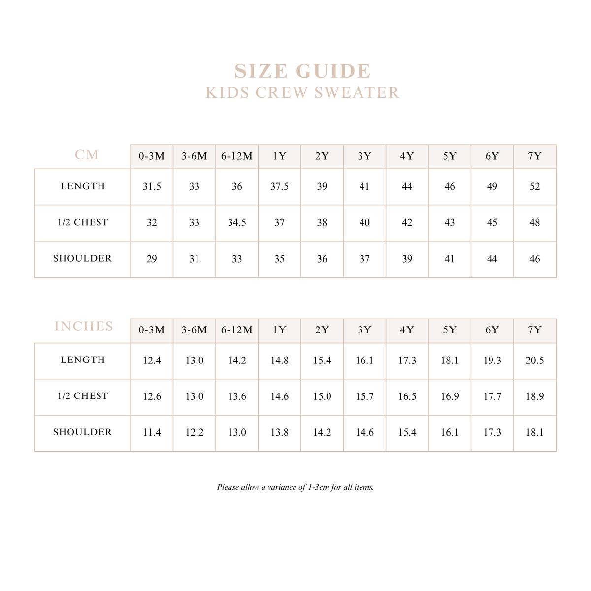 Kids Crew Sweater size guide with length, half chest and shoulder measurements in cm and inches from 0-3M to 7Y