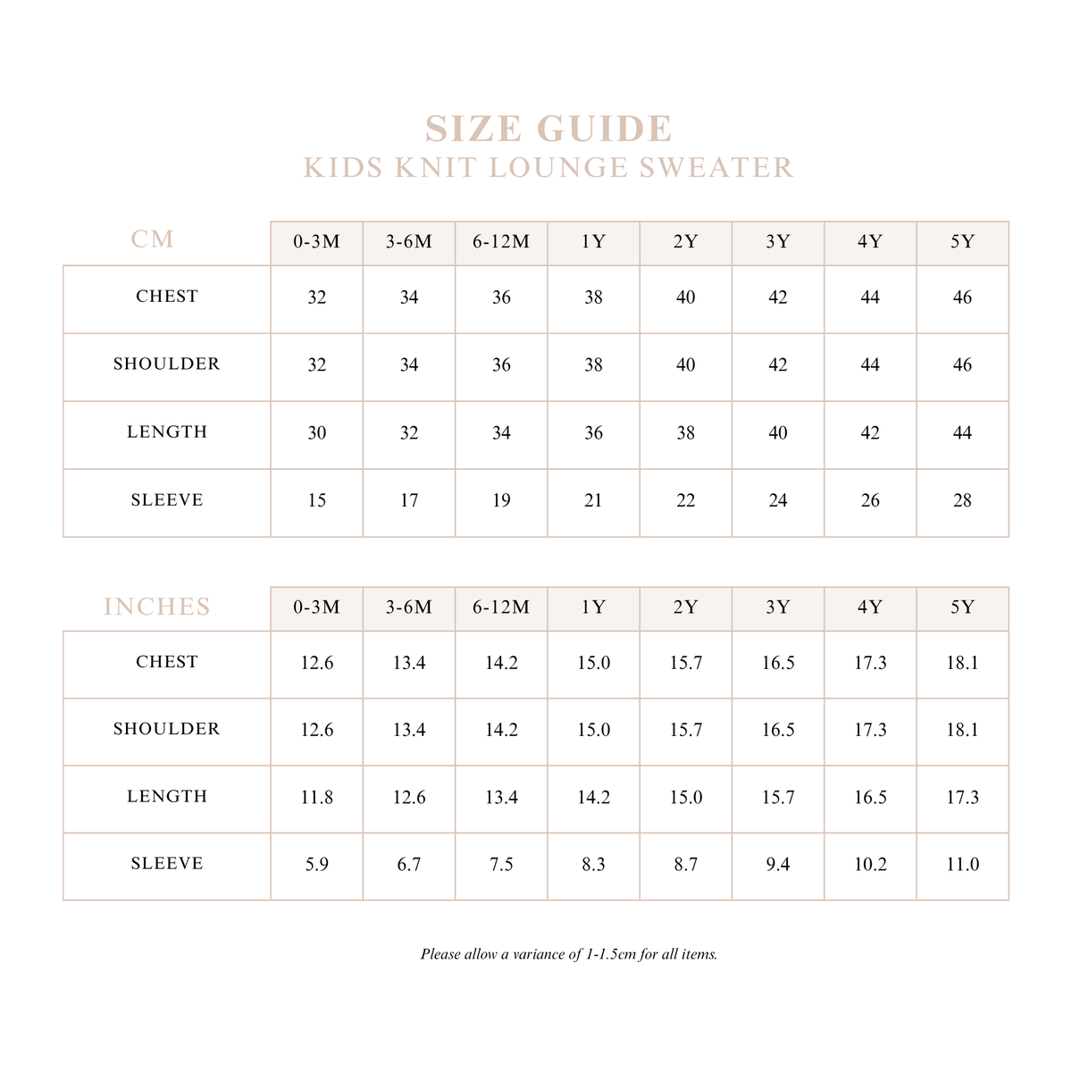 Kids Knit Lounge Sweater size guide with chest, shoulder, length and sleeve measurements in cm and inches from 0-3M to 5Y