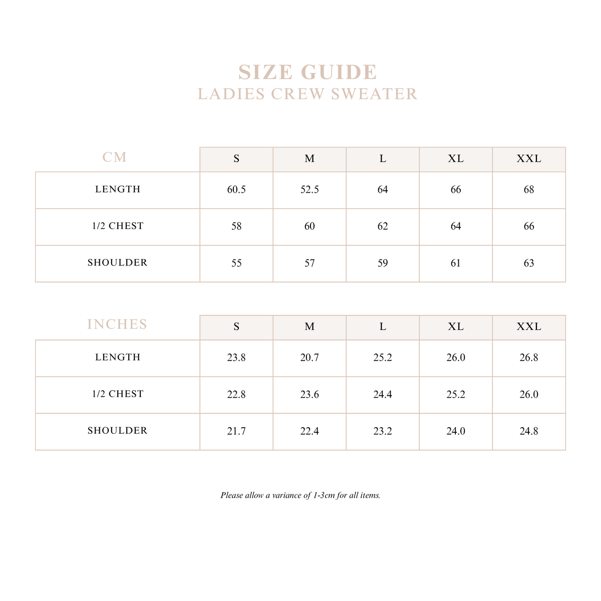 Ladies Crew Sweater size guide with length, half chest and shoulder measurements in cm and inches for sizes S to XXL
