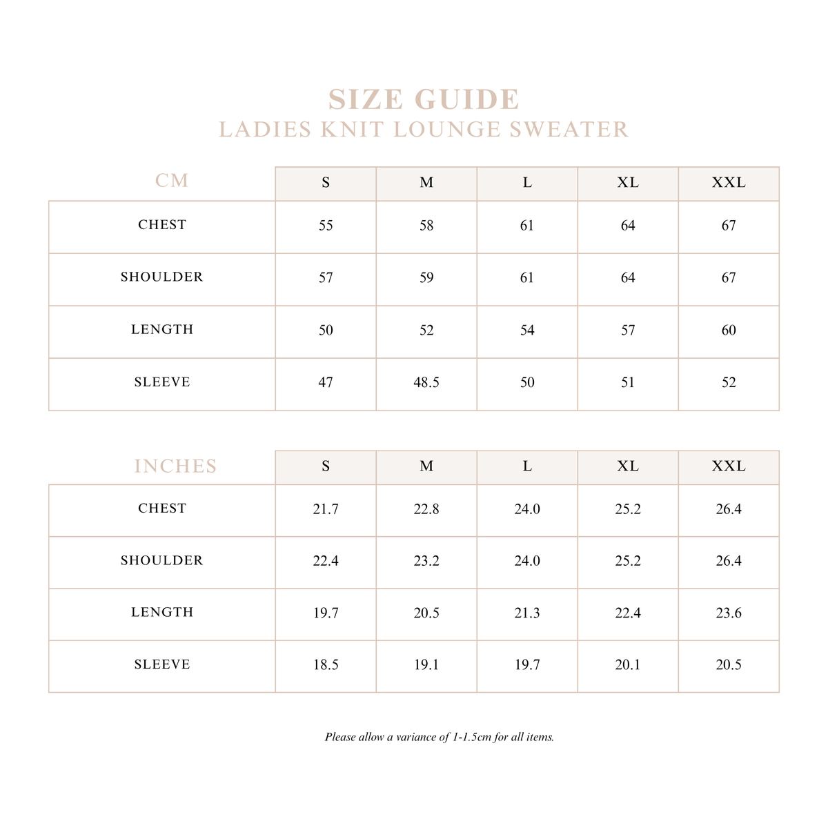 Ladies Knit Lounge Sweater size guide with chest, shoulder, length and sleeve measurements in cm and inches for sizes S to XXL