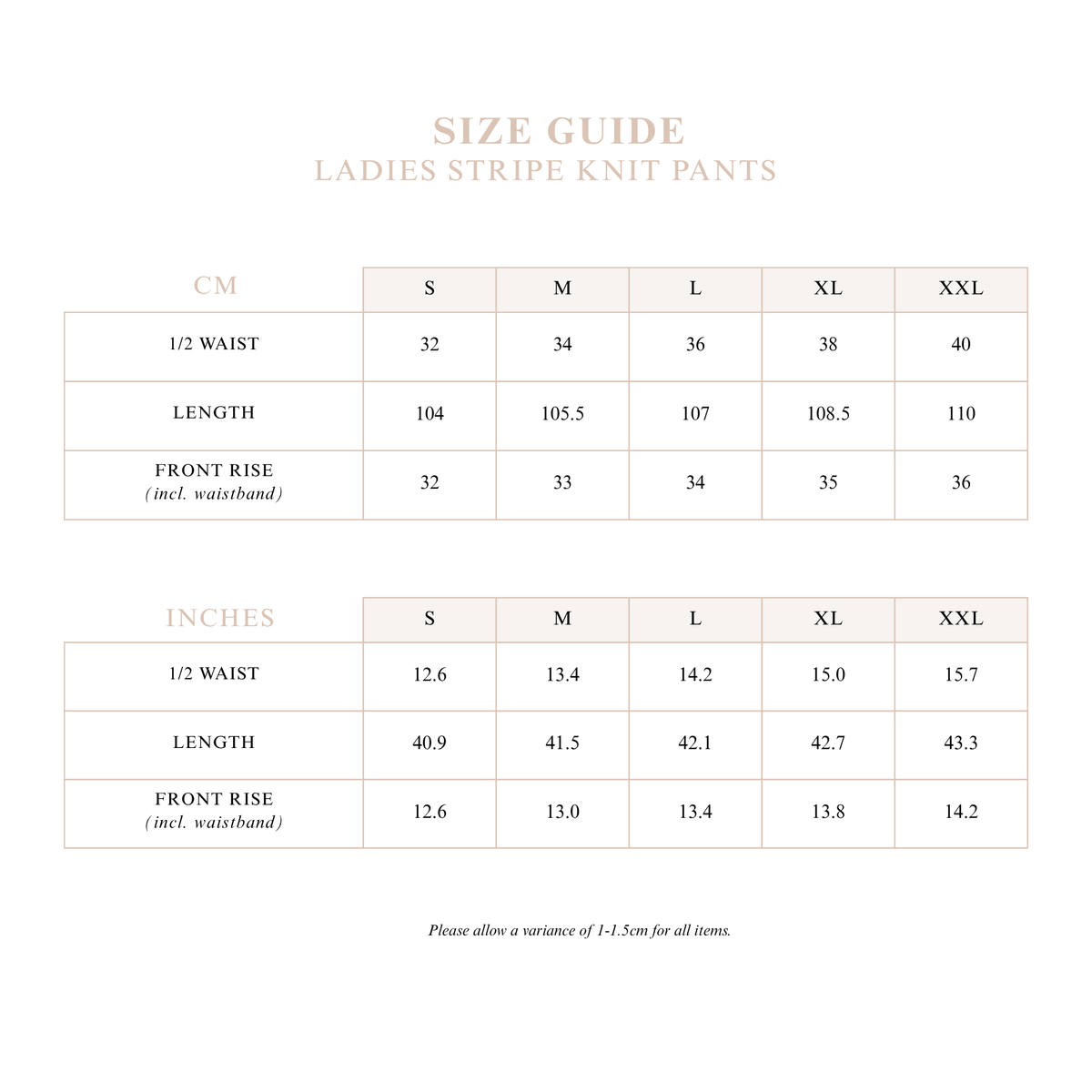 Ladies Stripe Knit Pants size guide with half waist, length and front rise measurements in cm and inches for sizes S to XXL