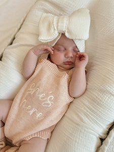 'She's Here' Singlet Mini Knit Romper - Pink Lemonade