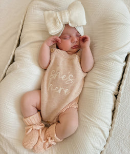 'She's Here' Singlet Romper & Topknot Bundle - Pink Lemonade