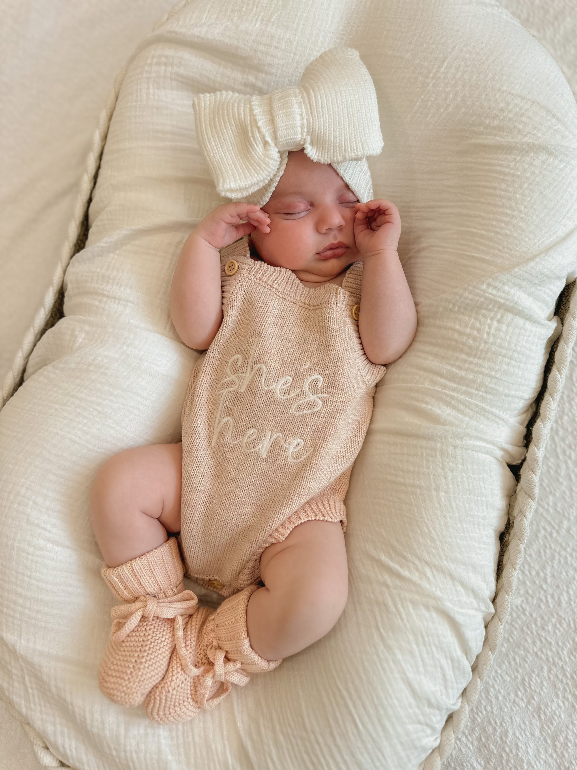 'She's Here' Singlet Mini Knit Romper - Pink Lemonade