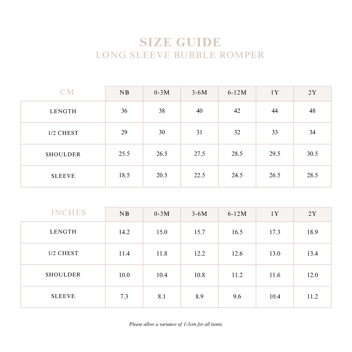 Long Sleeve Bubble Romper size guide with length, half chest, shoulder and sleeve measurements in cm and inches from newborn to 2Y