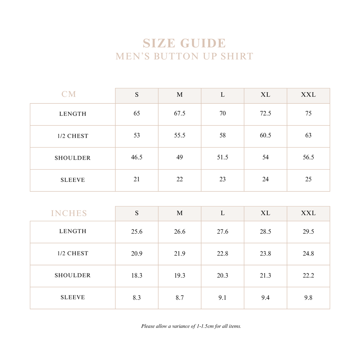 Men's Button Up Shirt size guide with length, half chest, shoulder and sleeve measurements in centimetres and inches for sizes S to XXL