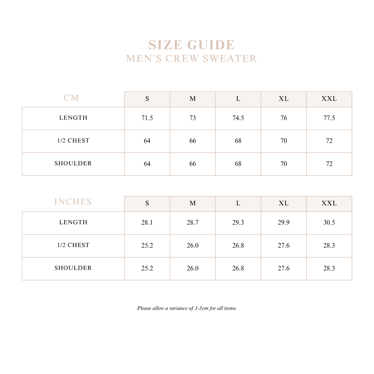 Men's Crew Sweater size guide with length, half chest and shoulder measurements in cm and inches for sizes S to XXL