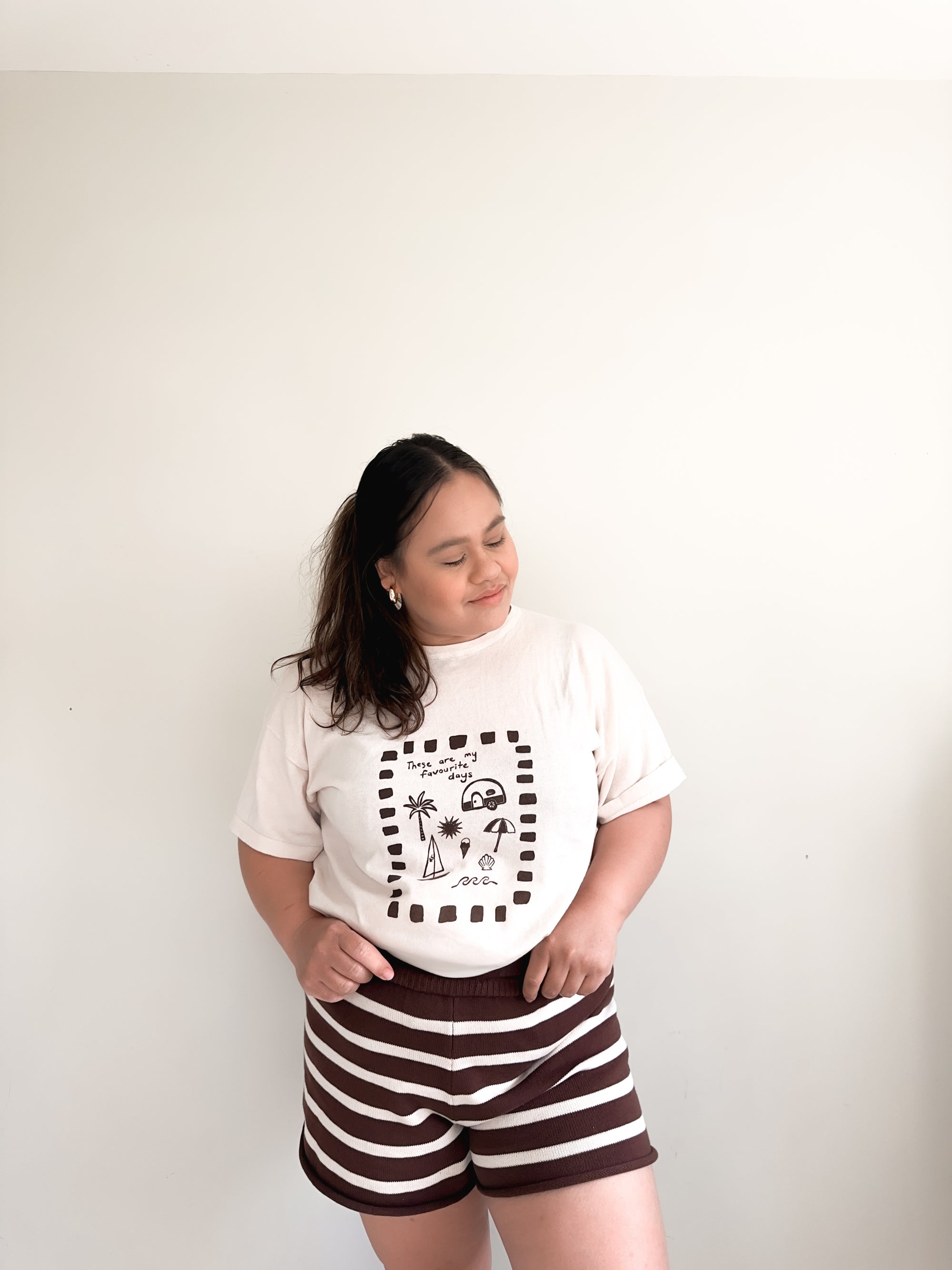 Ladies Knit Stripe Shorts - Brown