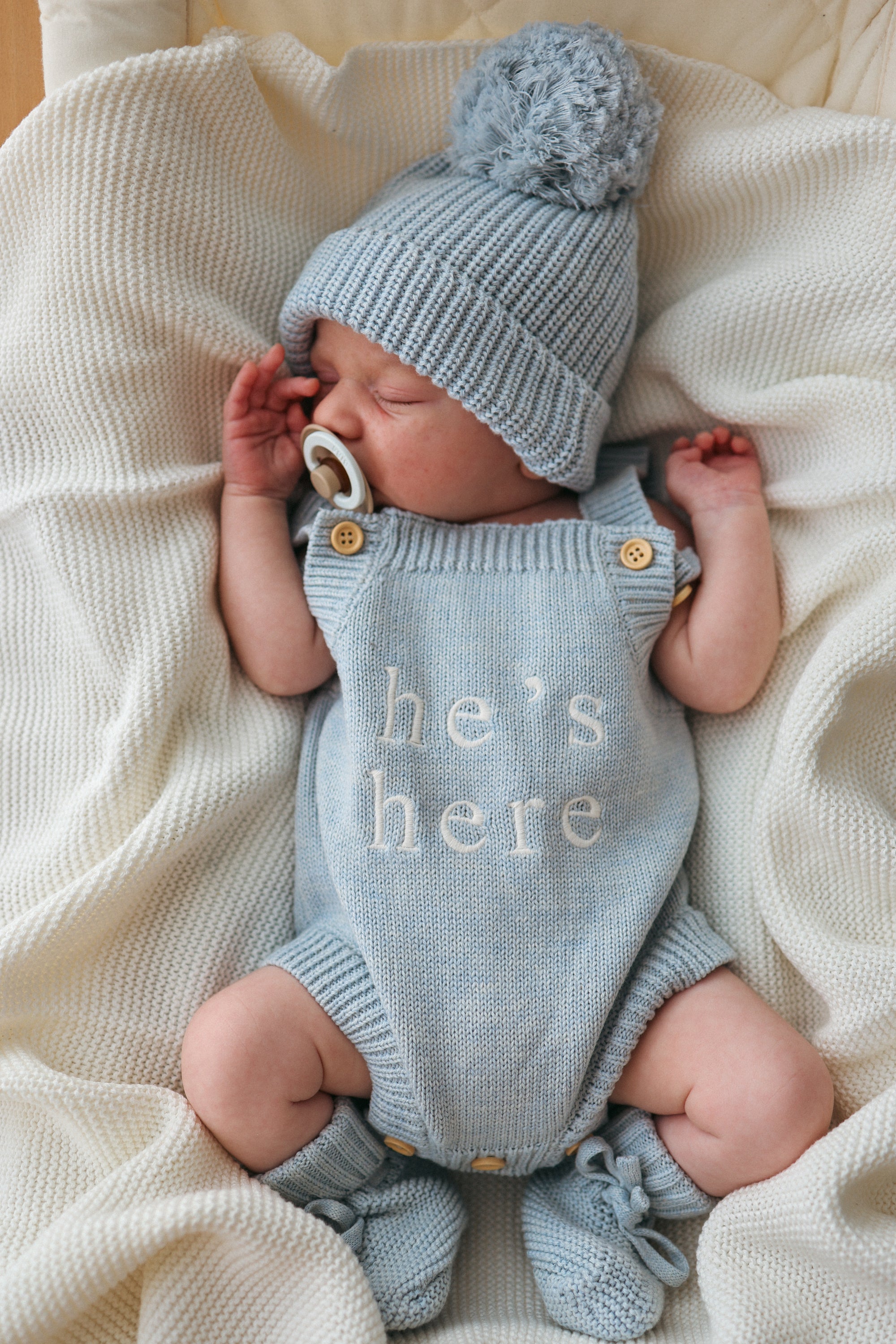 He's Here' Singlet Romper Bundle - Powder Blue