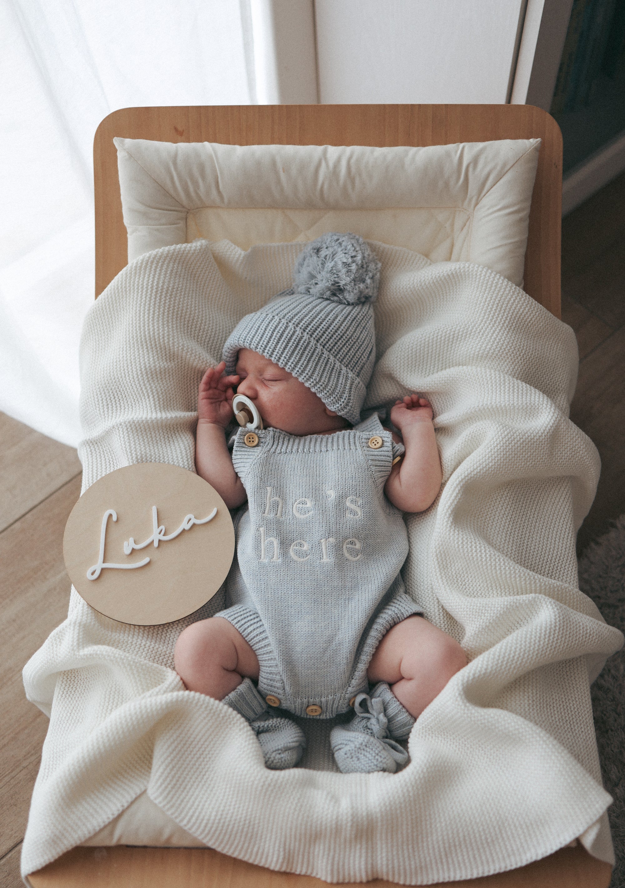 'He's Here' Singlet Mini Knit Romper - Powder Blue