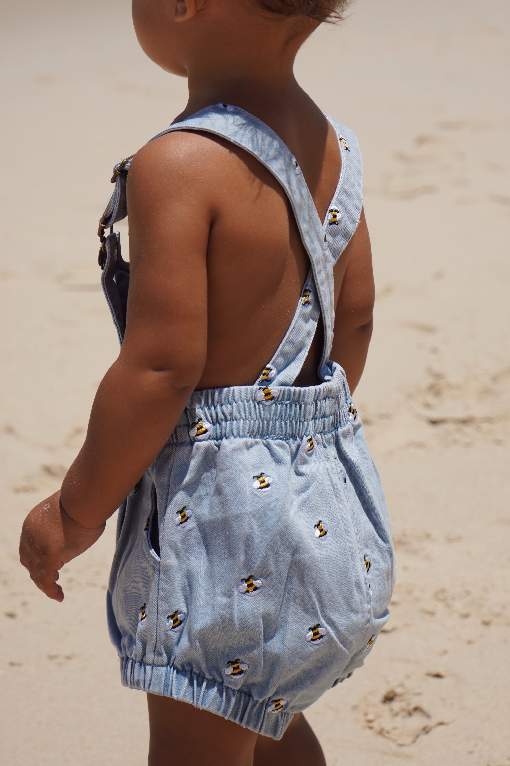 Denim Bee Overall Romper - Blue