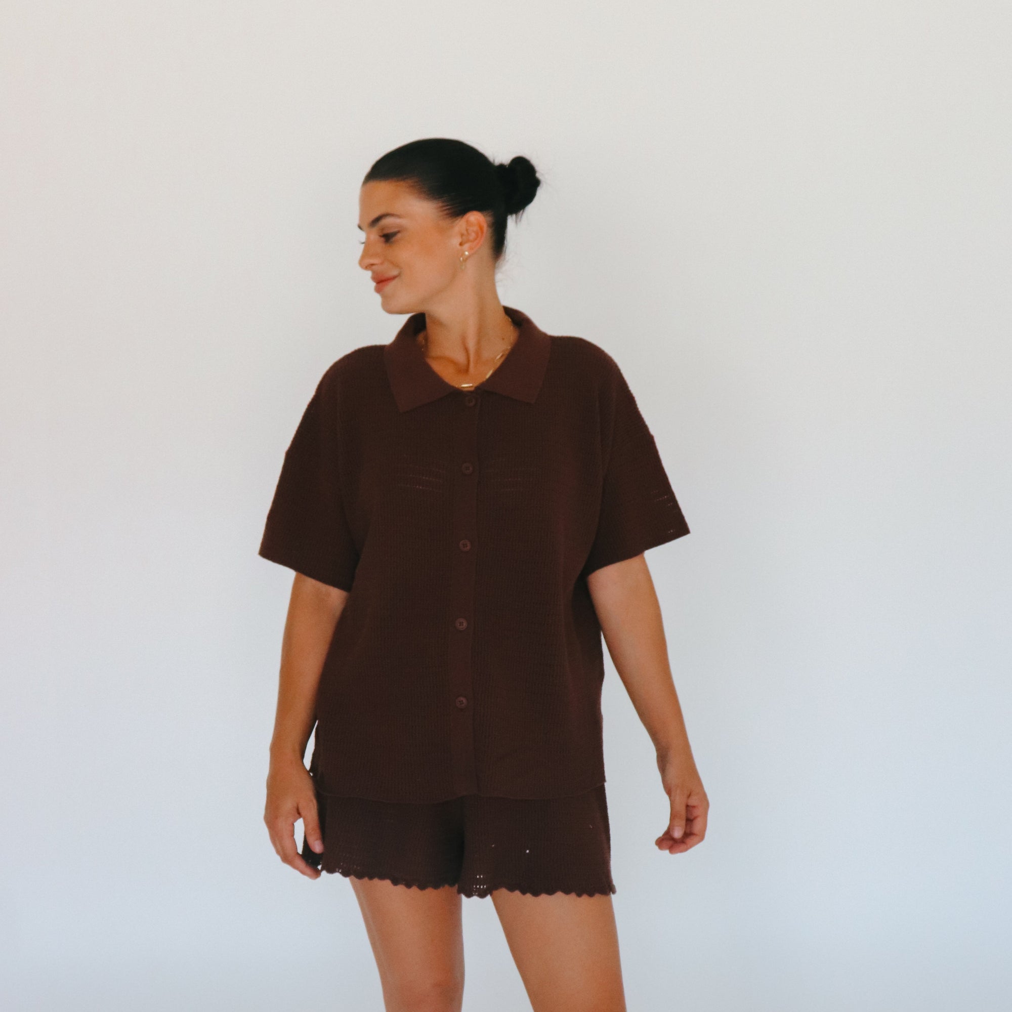 Ladies Knit Button Up - Espresso