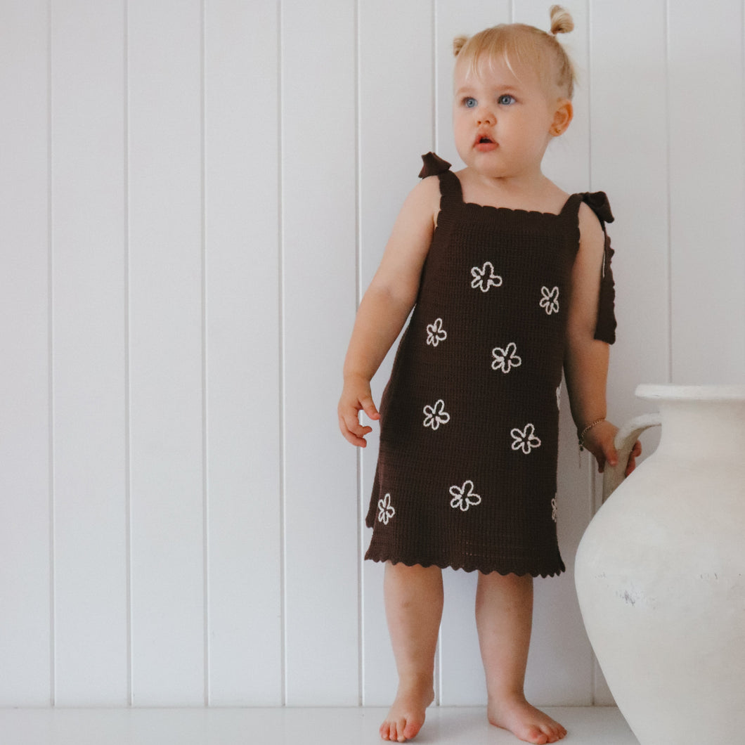 Daisy Shoulder Tie Knit Dress - Espresso