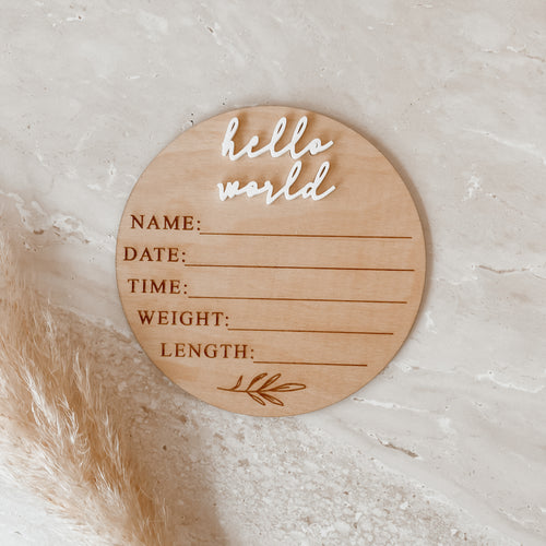 'Hello World' + Birth Details Wooden Acrylic Plaque