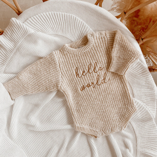 PRE ORDER 'Hello World' Chunky Knit Romper - Honey - Est dispatch early-mid April