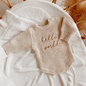 'Hello World' Chunky Knit Romper - Honey