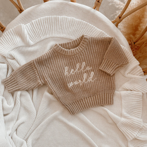 'Hello World' Mini Knit Sweater - Fawn