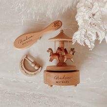 Load image into Gallery viewer, Personalised Keepsake Bundle - Carousel, Brush, Moon Rattle (Leaf)