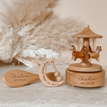 Load image into Gallery viewer, Personalised Keepsake Bundle - Carousel, Brush, Moon Rattle (Leaf)