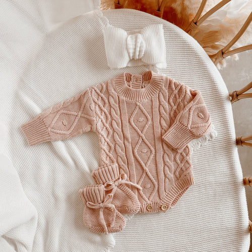 Cable Knit Romper & Topknot Bundle - Pink Lemonade