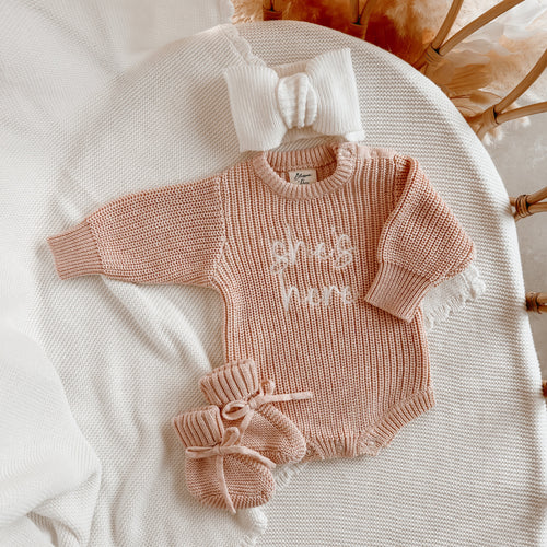 'She's Here' Long Sleeve Romper & Topknot Bundle - Pink Lemonade