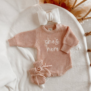 'She's Here' Long Sleeve Romper & Topknot Bundle - Pink Lemonade