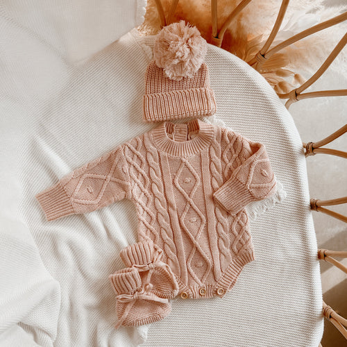 Cable Knit Romper & Beanie Bundle - Pink Lemonade