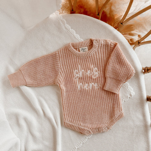 'She's Here' Pink Lemonade Long Sleeve Knit Romper