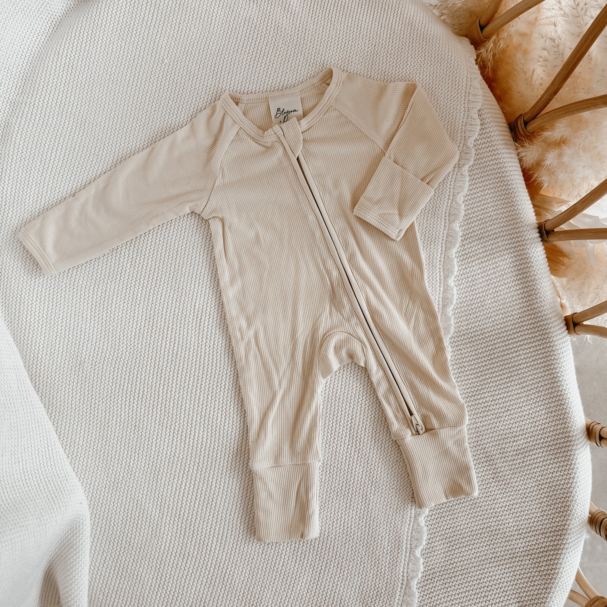 SALE Ribbed Bamboo Zip Growsuit - Vanilla