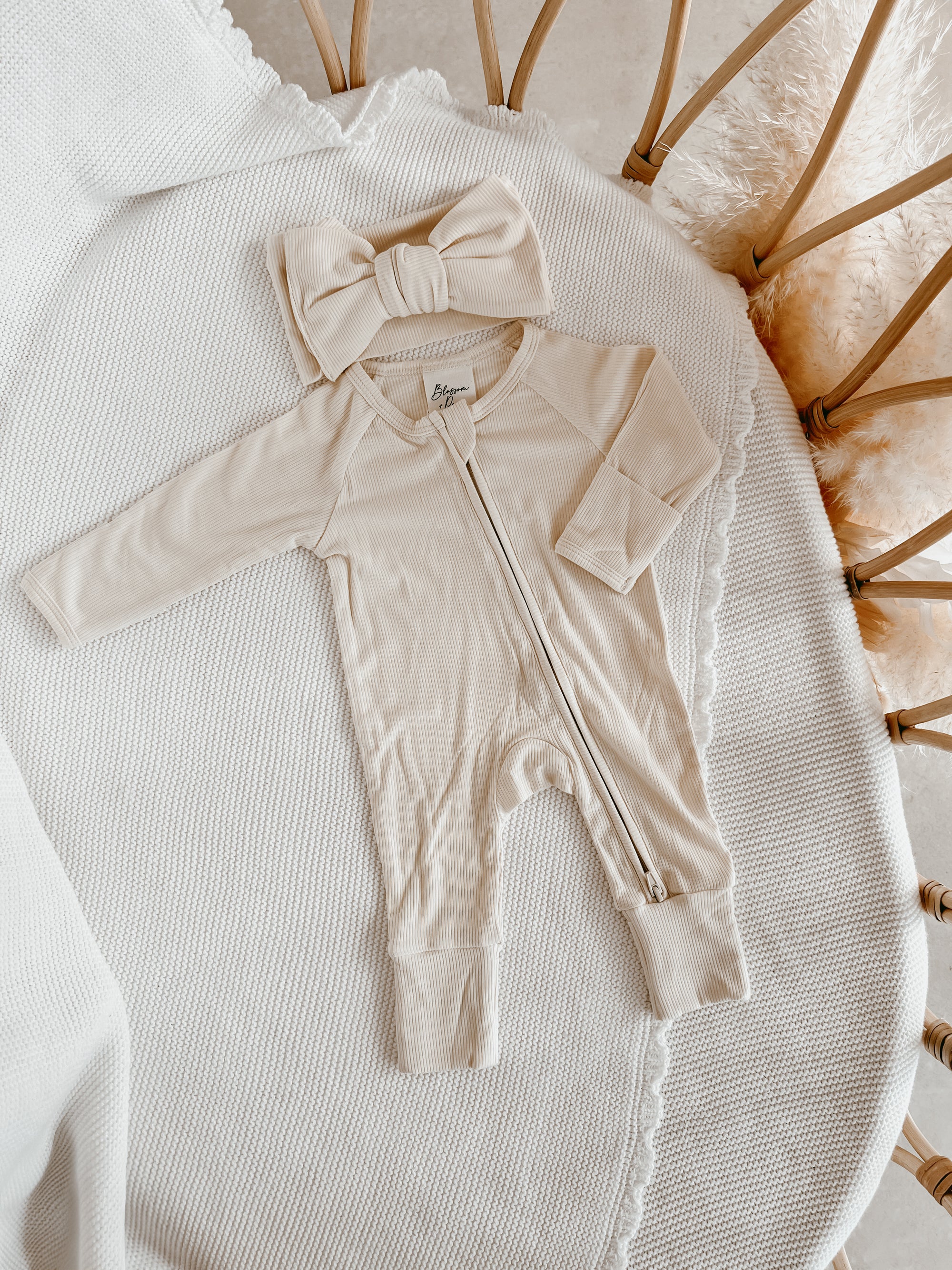 SALE Ribbed Bamboo Zip Growsuit - Vanilla