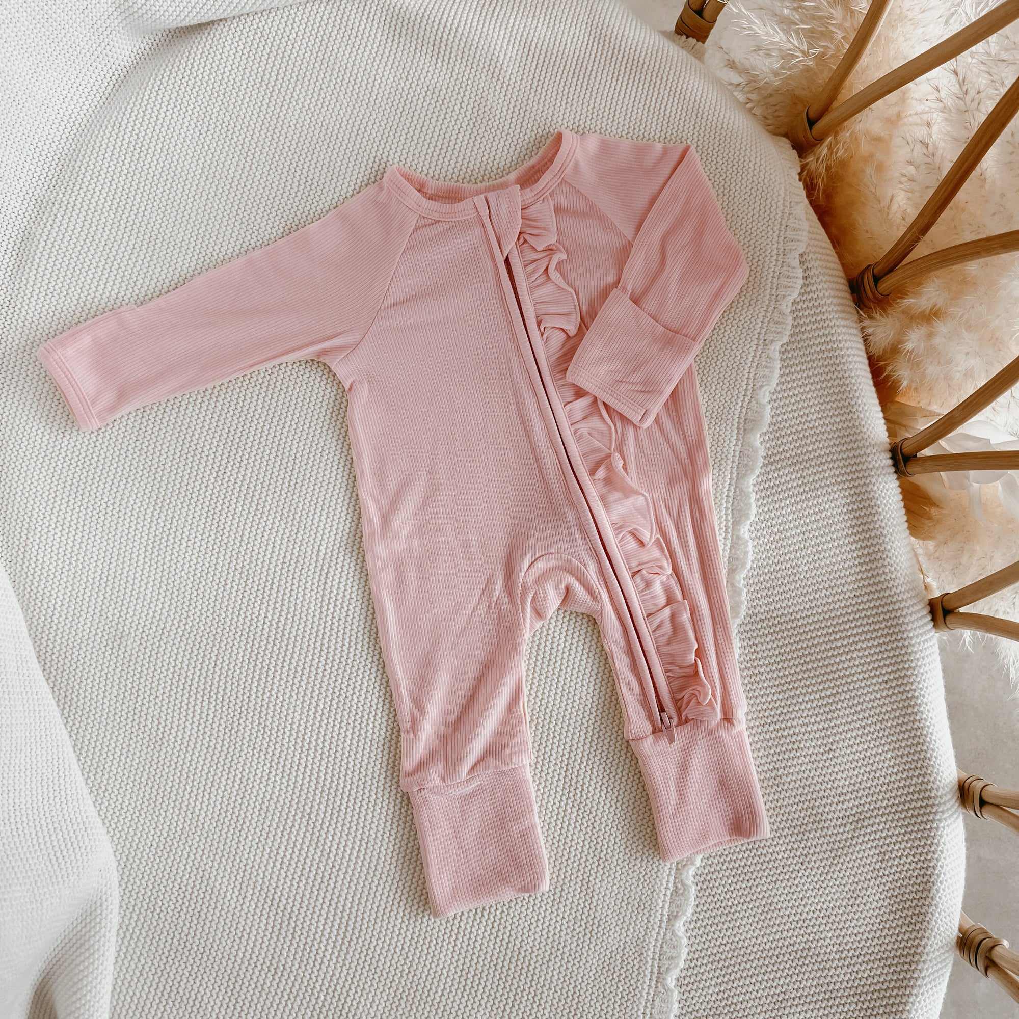 SALE Ribbed Frill Bamboo Zip Growsuit - Peony Pink