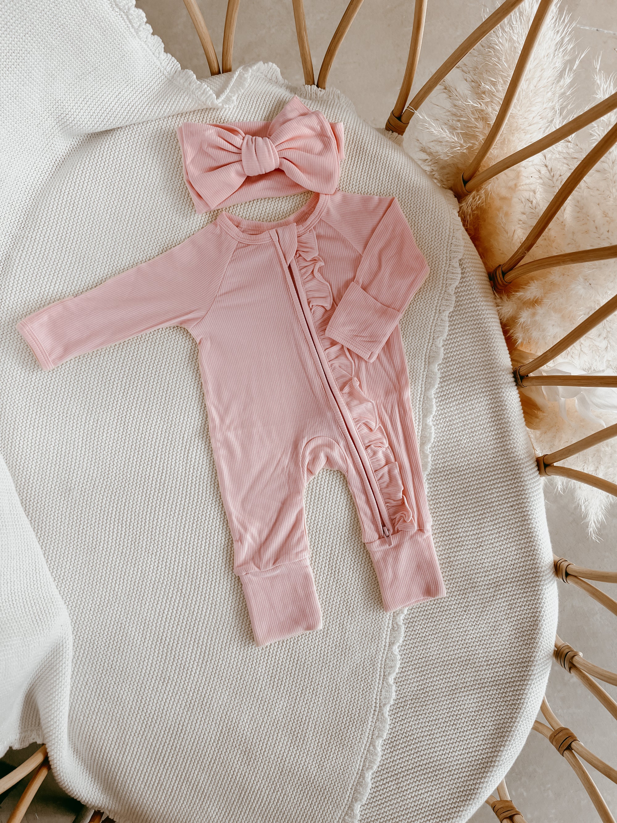 SALE Ribbed Frill Bamboo Zip Growsuit - Peony Pink