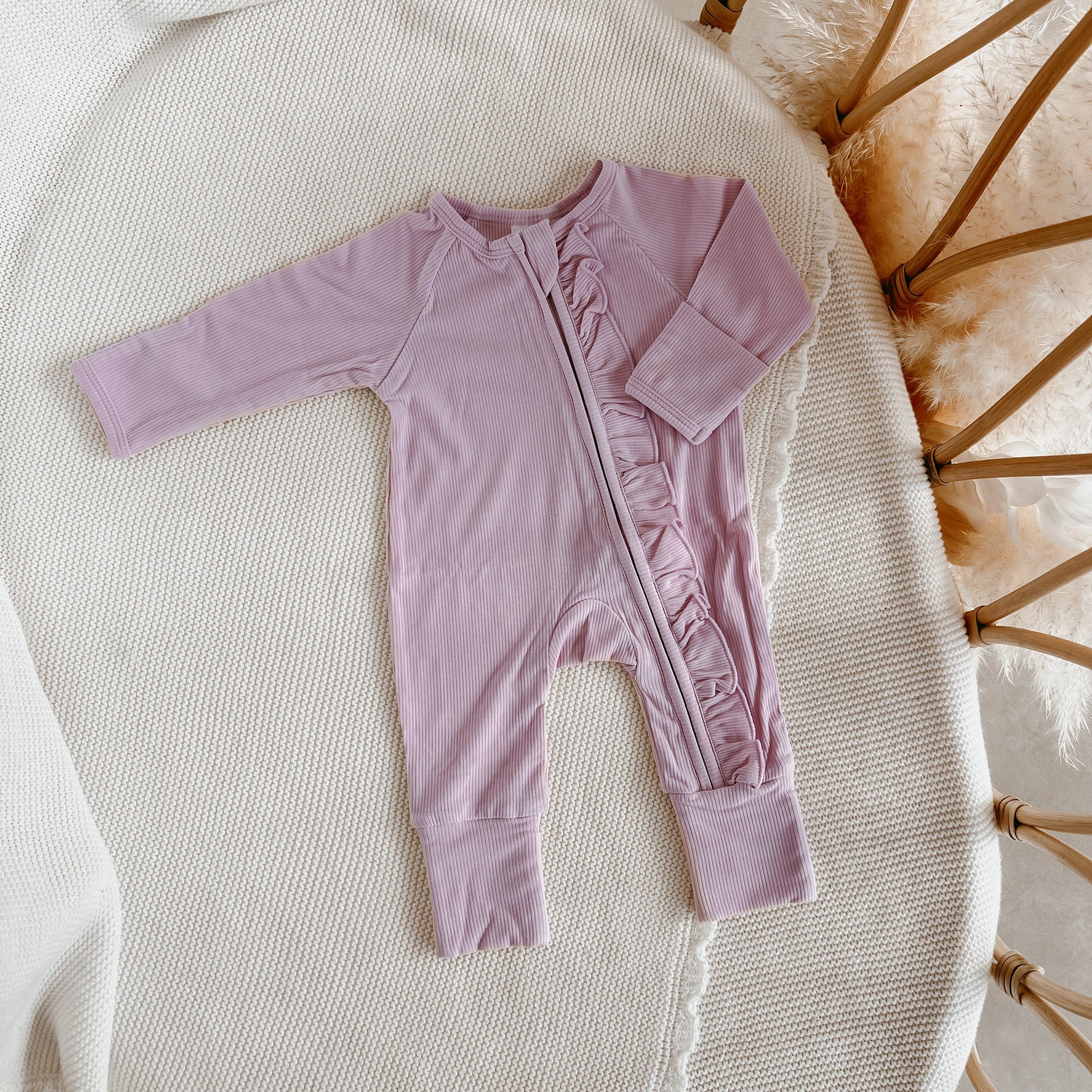 SALE Ribbed Frill Bamboo Zip Growsuit - Violet Purple