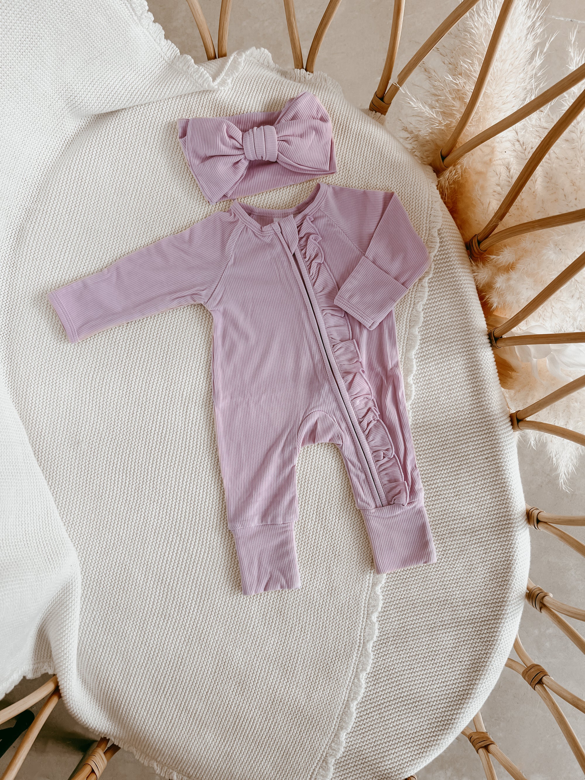 SALE Ribbed Frill Bamboo Zip Growsuit - Violet Purple