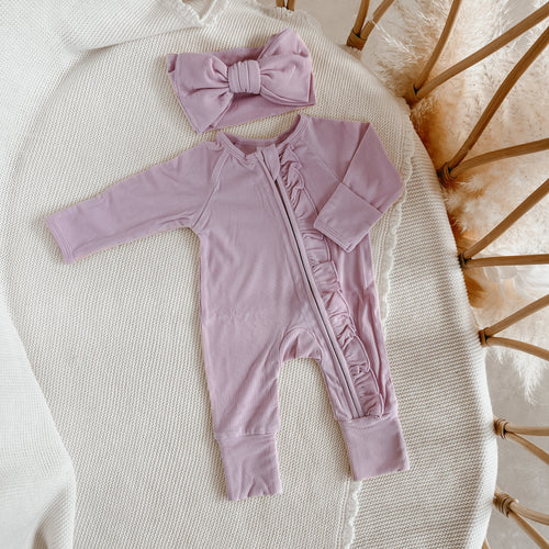 Ribbed Frill Bamboo Zip Growsuit & Topknot Bundle - Violet Purple