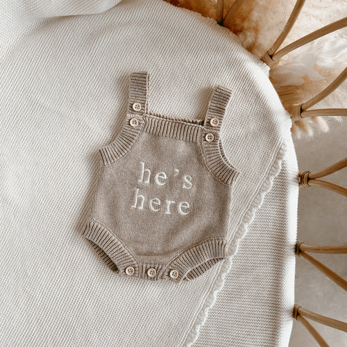 'He's Here' Singlet Mini Knit Romper - Fawn