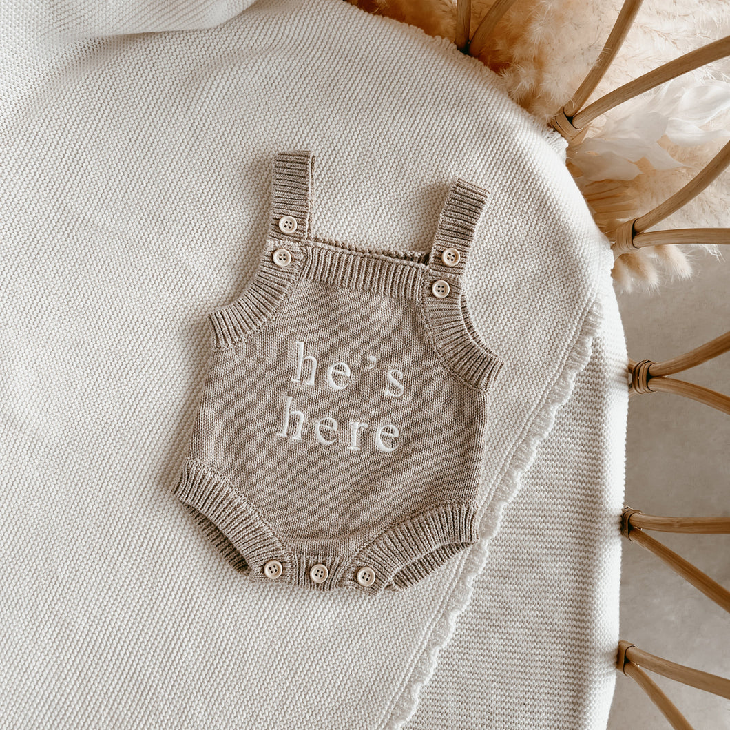 'He's Here' Singlet Mini Knit Romper - Fawn
